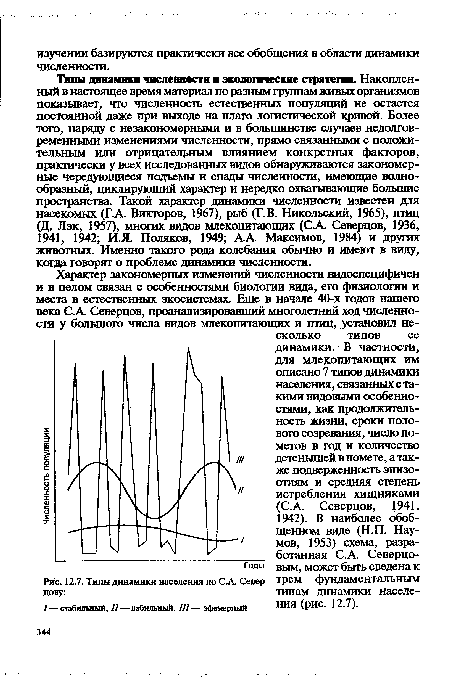 Типы динамики численности и экологические стратегии. Накопленный в настоящее время материал по разным группам живых организмов показывает, что численность естественных популяций не остается постоянной даже при выходе на плато логистической кривой. Более того, наряду с незакономерными и в большинстве случаев недолговременными изменениями численности, прямо связанными с положительным или отрицательным влиянием конкретных факторов, практически у всех исследованных видов обнаруживаются закономерные чередующиеся подъемы и спады численности, имеющие волнообразный, циклирующий характер и нередко охватывающие большие пространства. Такой характер динамики численности известен для насекомых (ГА Викторов, 1967), рыб (Г.В. Никольский, 1965), птиц (Д. Лэк, 1957), многих видов млекопитающих (СА. Северцов, 1936, 1941, 1942; И.Я. Поляков, 1949; А.А. Максимов, 1984) и других животных. Именно такого рода колебания обычно и имеют в виду, когда говорят о проблеме динамики численности.