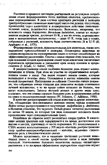 Подобным же образом могут расселяться споры грибов. В кишечнике мелких грызунов они задерживаются на время, достаточное для высева в местах, удаленных от места кормления. Из исследованных в США мелких млекопитающих у 309 видов отмечено распространение спор грибов-микоризообразователей — явление, играющее существенную роль в биоценотических связях.