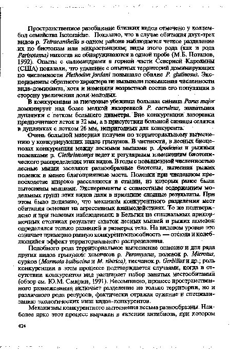 В конкуренции за гнездовые убежища большая синица Parus major доминирует над более мелкой лазоревкой P. caeruleus, захватывая дуплянки с летком большего диаметра. Вне конкуренции лазоревки предпочитают леток в 32 мм, а в присутствии большой синицы селятся в дуплянках с летком 26 мм, непригодных для конкурента.