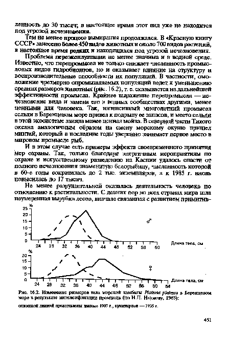 Изменение размеров тела морской камбалы РШейш рШезт в Баренцевом море в результате интенсификации промысла (по Н.П. Наумову, 1963)