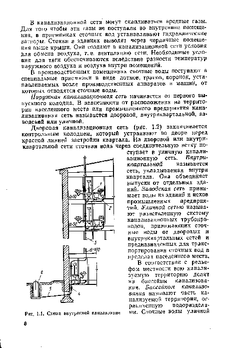 Дворовая канализационная сеть (рис. 1.2) заканчивается контрольным колодцем, который устраивают во дворе перед красной линией застройки квартала. Из дворовой или внутриквартальной сети сточная вода через соединительную ветку поступает в уличную канализационную сеть. Внутриквартальной называется сеть, укладываемая внутри квартала. Она объединяет выпуски от отдельных зданий. Заводская сеть принимает воды из зданий и цехов промышленных предприятий. Уличной сетью называют разветвленную систему канализационных трубопроводов, принимающих сточные воды от дворовых и внутриквартальных сетей и предназначенных для транспортирования сточных вод в пределах населенного места.