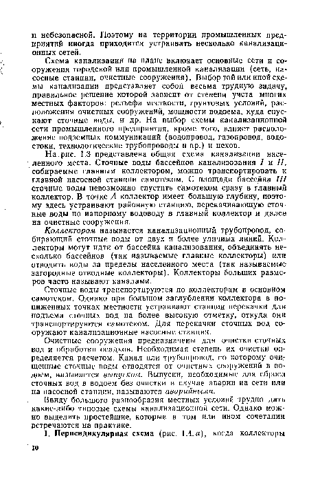 Ввиду большого разнообразия местных условий трудно дать какие-либо типовые схемы канализационной сети. Однако можно выделить простейшие, которые в том или ином сочетании встречаются на практике.