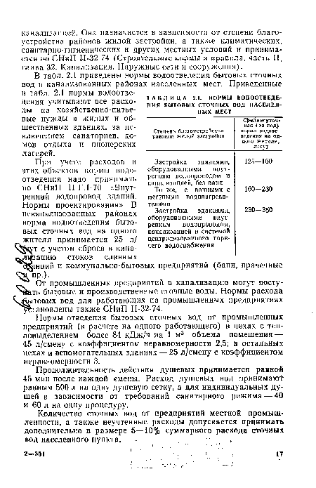 Нормы отведения бытовых сточных вод от промышленных предприятий (в расчете на одного работающего) в цехах с тепловыделением более 84 кДж/ч на 1 м3 объема помещения — 45 л/смену с коэффициентом неравномерности 2,5; в остальных цехах и вспомогательных зданиях — 25 л/смену с коэффициентом неравномерности 3.