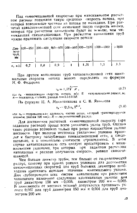 Чем больше диаметр трубы, тем больше ее гидравлический радиус, поэтому при прочих равных условиях для достижения самоочищающих скоростей для труб больших диаметров необходимо принимать меньшее значение минимального уклона. Для трубопроводов всех систем канализации при расчетном наполнении назначают следующие минимальные уклоны: для труб диаметром 150 мм — 0,008; диаметром 200 мм — 0,005. В зависимости от местных условий допускается принимать уклоны 0,007 для труб диаметром 150 мм и 0,004 для труб диаметром 200 мм.