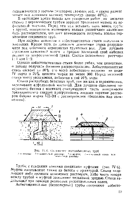 Трубы с гладкими концами соединяют муфтами (рис. 1У.6). Муфты изготовляют также из бетона с арматурой. Стыки заделывают либо целиком цементным раствором, либо часть зазора между трубой и муфтой заполняют пеньковой прядью. Стыки заделывают при помощи резиновых уплотнительных колец.