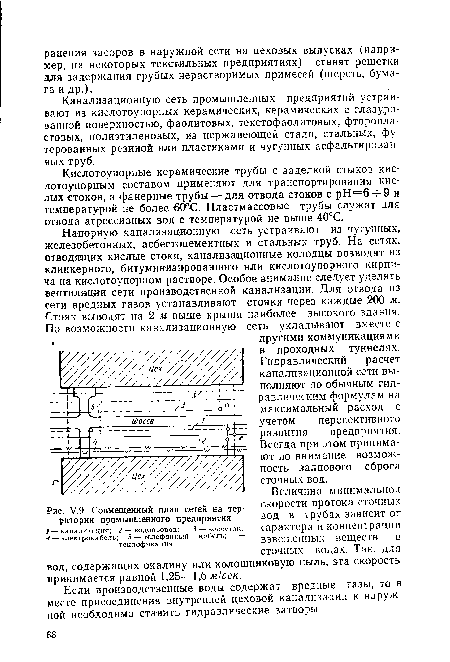 Канализационную сеть промышленных предприятий устраивают из кислотоупорных керамических, керамических с глазурованной поверхностью, фаолитовых. текстоф эолитовых, фторопластовых, полиэтиленовых, из нержавеющей стали, стальных, футерованных резиной или пластиками и чугунных асфальтированных труб.