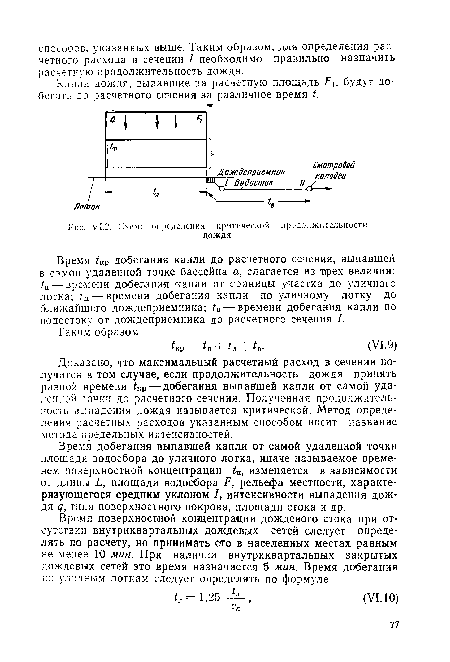 Доказано, что максимальный расчетный расход в сечении получится в том случае, если продолжительность дождя принять равной времени ¿Кр— добегания выпавшей капли от самой удаленной точки до расчетного сечения. Полученная цродолжитель-ность выпадения дождя называется критической. Метод определения расчетных расходов указанным способом носит название метода предельных интенсивностей.