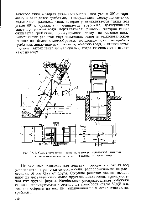 Схема установки решетки с механизированной очисткой / — механизированная решетка с граблями; 2 — транспортер