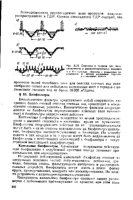 Х1.8. Борозды и полосы для вегетационного и вневегетационного поливов а и б — глубокие борозды с различным наполнением; в — мелкие засеваемые борозды; г ~ поливные полосы