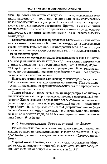 Размещение биогеоценозов на планете, как и их формирование, зависит от условий их существования. Известный эколог Ю. Одум предложил различать следующие экосистемы (биогеоценозы) Земли.