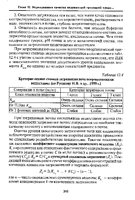 При загрязнении почвы одним веществом неорганической природы оценка степени загрязнения проводится в соответствии с табл.