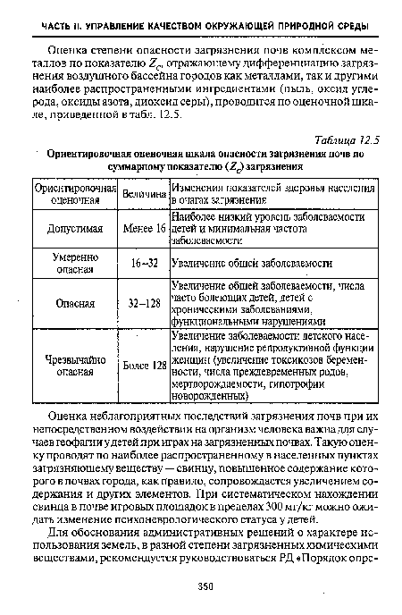 Оценка неблагоприятных последствий загрязнения почв при их непосредственном воздействии на организм человека важна для случаев геофагии у детей при играх на загрязненных почвах. Такую оценку проводят по наиболее распространенному в населенных пунктах загрязняющему веществу — свинцу, повышенное содержание которого в почвах города, как правило, сопровождается увеличением содержания и других элементов. При систематическом нахождении свинца в почве игровых площадок в пределах 300 мг/кг можно ожидать изменение психоневрологического статуса у детей.