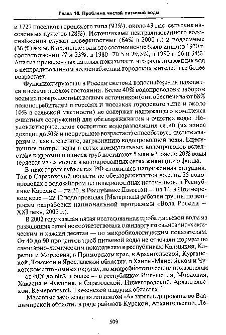 В некоторых субъектах РФ сложилась напряженная ситуация. Так в Саратовской области не обеззараживается вода на 25 водопроводах с водозабором из поверхностных источников, в Республике Карелияна 20, в Республике Дагестан — на 14, в Приморском крае — на 12 водопроводах (Материалы рабочей группы по вопросам разработки национальной программы «Вода России — XXI век», 2003 г.).