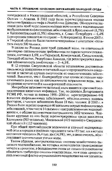 В 12 городах Свердловской области установлена достоверная связь между появлением в питьевой воде хлорорганических соединений и частотой случаев смертности от онкологических заболеваний. Выявлено, что г. Екатеринбург стал одним из городов максимального риска как по интенсивности загрязнения воды, так и по уровню мутагенной и канцерогенной опасности.