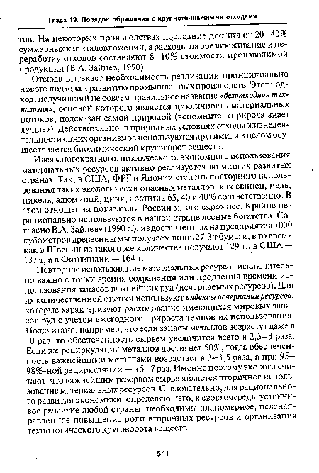 Повторное использование материальных ресурсов исключительно важно с точки зрения сохранения или продления времени использования запасов важнейших руд (исчерпаемых ресурсов). Для их количественной оценки используют индексы исчерпания ресурсов, которые характеризуют расходование имеющихся мировых запасов руд С учетом ежегодного прироста темпов их использования. Подсчитано, например, что если запасы металлов возрастут даже в 10 раз, то обеспеченность сырьем увеличится всего в 2,5—3 раза. Если же рециркуляция металлов достигнет 50%, тогда обеспеченность важнейшими металлами возрастает в 3—3,5 раза, а при 95— 98%-ной рециркуляции — в 5—7 раз. Именно поэтому экологи считают, что важнейшим резервом сырья является вторичное использование материальных ресурсов. Следовательно, для рационального развития экономики, определяющего, в свою очередь, устойчивое развитие любой страны, необходимы планомерное, целенаправленное повышение роли вторичных ресурсов и организация технологического круговорота веществ.