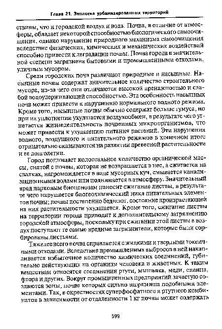 Среди городских почв различают природные и насыпные. Насыпные почвы содержат значительное количество строительного мусора, из-за чего они отличаются высокой дренажностью и слабой водоудерживающей способностью. Эта особенность насыпных почв может привести к нарушению нормального водного режима. Кроме того, насыпные почвы обычно содержат больше гумуса, но при их уплотнении ухудшается воздухообмен, в результате чего угнетается жизнедеятельность почвенных микроорганизмов, что может привести к ухудшению питания растений. Эти нарушения водного, воздушного и питательного режимов в конечном итоге отрицательно сказываются на развитии древесной растительности и ее долголетии.