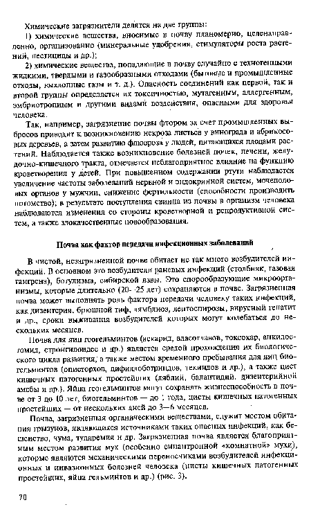 Так, например, загрязнение почвы фтором за счет промышленных выбросов приводит к возникновению некроза листьев у винограда и абрикосовых деревьев, а затем развитию флюороза у людей, питающихся плодами растений. Наблюдается также возникновение болезней почек, печени, желудочно-кишечного тракта, отмечается неблагоприятное влияние на функцию кроветворения у детей. При повышенном содержании ртути наблюдается увеличение частоты заболеваний нервной и эндокринной систем, мочеполовых органов у мужчин, снижение фертильности (способности производить потомство); в результате поступления свинца из почвы в организм человека наблюдаются изменения со стороны кроветворной и репродуктивной систем, а также злокачественные новообразования.