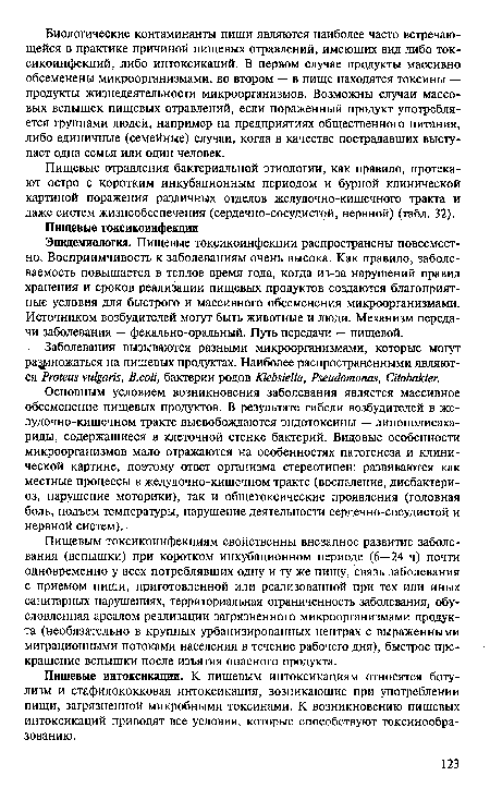 Эпидемиология. Пищевые токсикоинфекции распространены повсеместно. Восприимчивость к заболеваниям очень высока. Как правило, заболеваемость повышается в теплое время года, когда из-за нарушений правил хранения и сроков реализации пищевых продуктов создаются благоприятные условия для быстрого и массивного обсеменения микроорганизмами. Источником возбудителей могут быть животные и люди. Механизм передачи заболевания — фекально-оральный. Путь передачи — пищевой.