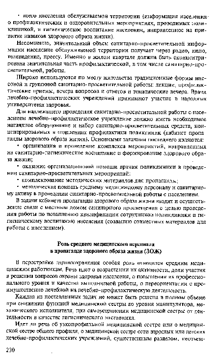 Широко используются по месту жительства традиционные формы массовой и групповой санитарно-просветительной работы: лекции, профилактические приемы, вечера вопросов и ответов и тематические вечера. Врачи лечебно-профилактических учреждений принимают участие в народных университетах здоровья.