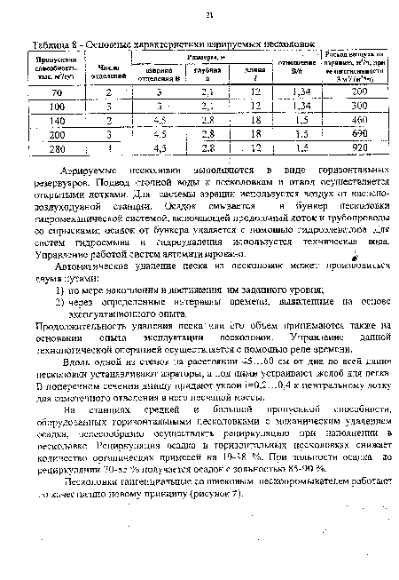 Основные характеристики аэрируемых песколовок
