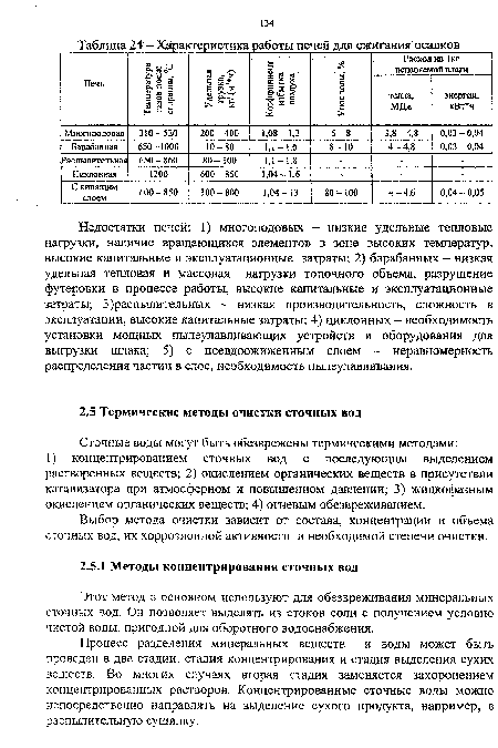 Характеристика работы печей для сжигания осадков