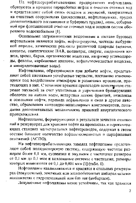 Нефтешламы, образующиеся при добыче нефти, представляют собой аномально устойчивые эмульсии, постоянно изменяющиеся под воздействием атмосферы и различных процессов, протекающих в них. С течением времени происходит естественное старение эмульсий за счет уплотнения и упрочнения бронирующих оболочек на каплях воды, испарения легких фракций, окисления и осмоления нефти, перехода асфальтенов и смол в другое качество, образования коллоидно-мицеллярных конгломератов, попадания дополнительных механических примесей неорганического происхождения.