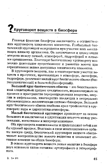 Главная функция биосферы заключается в осуществлении круговорота химических элементов. Глобальный биотический круговорот совершается при участии всех населяющих планету организмов. Он заключается в циркуляции веществ между почвой, атмосферой, гидросферой и живыми организмами. Благодаря биотическому круговороту возможно длительное существование и развитие жизни при ограниченном запасе доступных химических элементов.