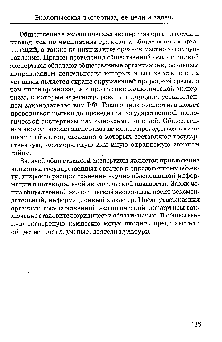 Общественная экологическая экспертиза организуется и проводится по инициативе граждан и общественных организаций, а также по инициативе органов местного самоуправления. Правом проведения общественной экологической экспертизы обладают общественные организации, основным направлением деятельности которых в соответствии с их уставами является охрана окружающей природной среды, в том числе организация и проведение экологической экспертизы, и которые зарегистрированы в порядке, установленном законодательством РФ. Такого вида экспертиза может проводиться только до проведения государственной экологической экспертизы или одновременно с ней. Общественная экологическая экспертиза не может проводиться в отношении объектов, сведения о которых составляют государственную, коммерческую или иную охраняемую законом тайну.