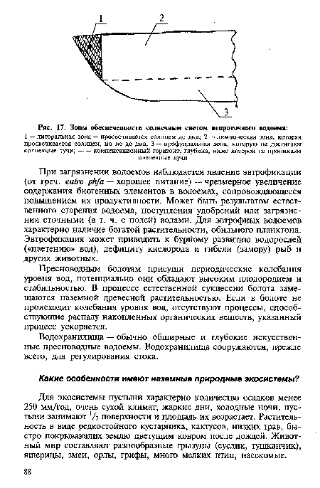 Для экосистемы пустыни характерно количество осадков менее 250 мм/год, очень сухой климат, жаркие дни, холодные ночи, пустыни занимают 7з поверхности и площадь их возрастает. Растительность в виде редкостойного кустарника, кактусов, низких трав, быстро покрывающих землю цветущим ковром после дождей. Животный мир составляют разнообразные грызуны (суслик, тушканчик), ящерицы, змеи, орлы, грифы, много мелких птиц, насекомые.