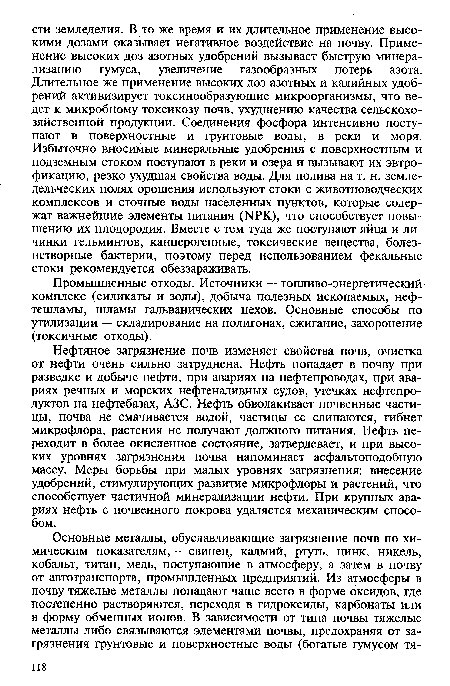 Нефтяное загрязнение почв изменяет свойства почв, очистка от нефти очень сильно затруднена. Нефть попадает в почву при разведке и добыче нефти, при авариях на нефтепроводах, при авариях речных и морских нефтеналивных судов, утечках нефтепродуктов на нефтебазах, АЗС. Нефть обволакивает почвенные частицы, почва не смачивается водой, частицы ее слипаются, гибнет микрофлора, растения не получают должного питания. Нефть переходит в более окисленное состояние, затвердевает, и при высоких уровнях загрязнения почва напоминает асфальтоподобную массу. Меры борьбы при малых уровнях загрязнения: внесение удобрений, стимулирующих развитие микрофлоры и растений, что способствует частичной минерализации нефти. При крупных авариях нефть с почвенного покрова удаляется механическим способом.