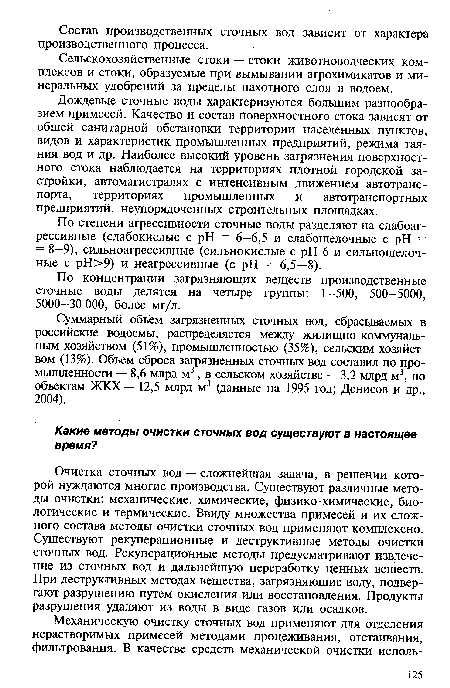 Дождевые сточные воды характеризуются большим разнообразием примесей. Качество и состав поверхностного стока зависят от общей санитарной обстановки территории населенных пунктов, видов и характеристик промышленных предприятий, режима таяния вод и др. Наиболее высокий уровень загрязнения поверхностного стока наблюдается на территориях плотной городской застройки, автомагистралях с интенсивным движением автотранспорта, территориях промышленных и автотранспортных предприятий, неупорядоченных строительных площадках.