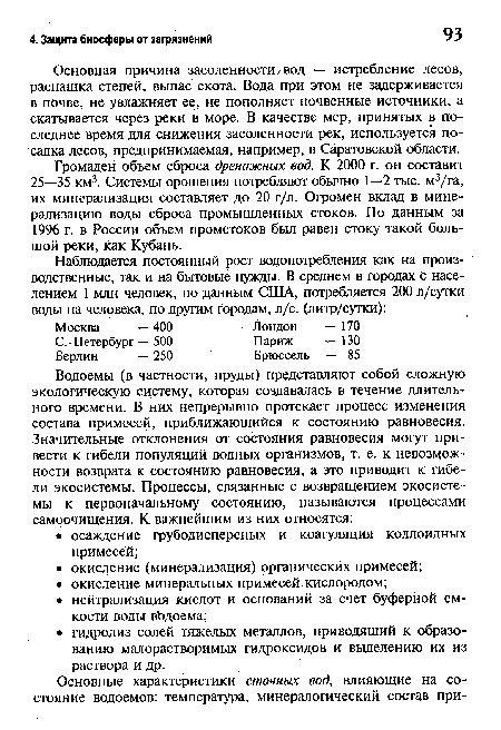 Громаден объем сброса дренажных вод. К 2000 г. он составит 25—35 км3. Системы орошения потребляют обычно 1—2 тыс. м3/га, их минерализация составляет до 20 г/л. Огромен вклад в минерализацию воды сброса промышленных стоков. По данным за 1996 г. в России объем промстоков был равен стоку такой большой реки, как Кубань.