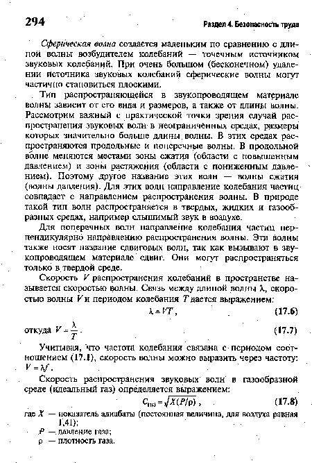 Тип распространяющейся в звукопроводящем материале волны зависит от его вида и размеров, а также от длины волны. Рассмотрим важный с практической точки зрения случай распространения звуковых волн в неограниченных средах, размеры которых значительно больше длины волны. В этих средах распространяются продольные и поперечные волны. В продольной волне меняются местами зоны сжатия (области с повышенным давлением) и зоны растяжения (области с пониженным давлением). Поэтому другое название этих волн — волны сжатия (волны давления). Для этих волн направление колебания частиц совпадает с направлением распространения волны. В природе такой тип волн распространяется в твердых, жидких и газообразных средах, например слышимый звук в воздухе.