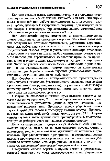 Для уменьшения аэродинамических и гидродинамических шумов рекомендуются снижение скорости обтекания газовыми или воздушными потоками препятствий, улучшение аэродинамики тел, работающих в контакте с потоками; снижение скорости истечения газовой струи и уменьшение диаметра отверстия, из которого эта струя истекает; выбор оптимальных режимов работы насосов для перекачивания жидкостей; правильное проектирование и эксплуатация гидросистем и ряд других мероприятий. Часто не удается уменьшить аэродинамические шумы в источнике их возникновения, поэтому приходится использовать другие методы борьбы с этими шумами (использование звукоизоляции источника, установка глушителей).