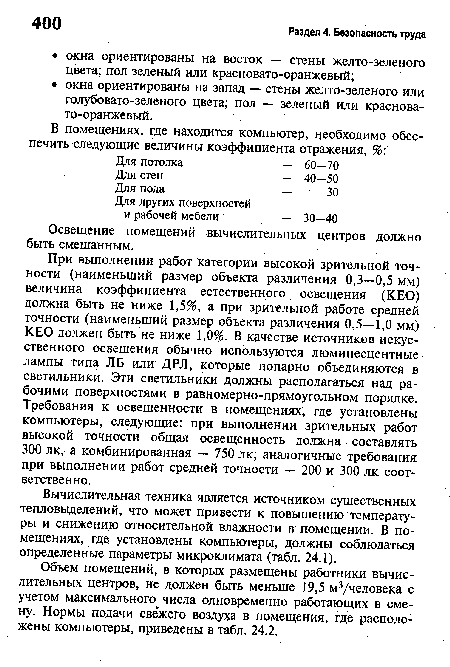 При выполнении работ категории высокой зрительной точности (наименьший размер объекта различения 0,3—0,5 мм) величина коэффициента естественного освещения (КЕО) должна быть не ниже 1,5%, а при зрительной работе средней точности (наименьший размер объекта различения 0,5—1,0 мм) КЕО должен быть не ниже 1,0%. В качестве источников искусственного освещения обычно используются люминесцентные лампы типа Л Б или ДРЛ, которые попарно объединяются в светильники. Эти светильники должны располагаться над рабочими поверхностями в равномерно-прямоугольном порядке. Требования к освещенности в помещениях, где установлены компьютеры, следующие: при выполнении зрительных работ высокой точности общая освещенность должна составлять 300 лк, а комбинированная — 750 лк; аналогичные требования при выполнении работ средней точности — 200 и 300 лк соответственно.