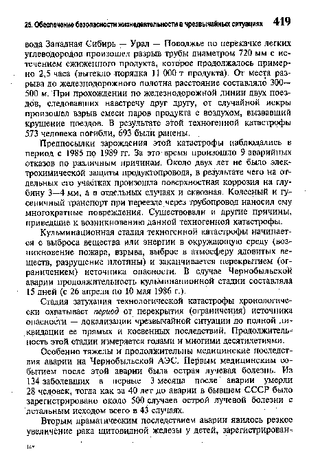 Предпосылки зарождения этой катастрофы наблюдались в период с 1985 по 1989 гг. За это время произошло 9 аварийных отказов по различным причинам. Около двух лет не было электрохимической защиты продуктопровода, в результате чего на отдельных его участках произошла поверхностная коррозия на глубину 3—4 мм, а в отдельных случаях и сквозная. Колесный и гусеничный транспорт при переезде через трубопровод наносил ему многократные повреждения. Существовали и другие причины, приведшие к возникновению данной техногенной катастрофы.