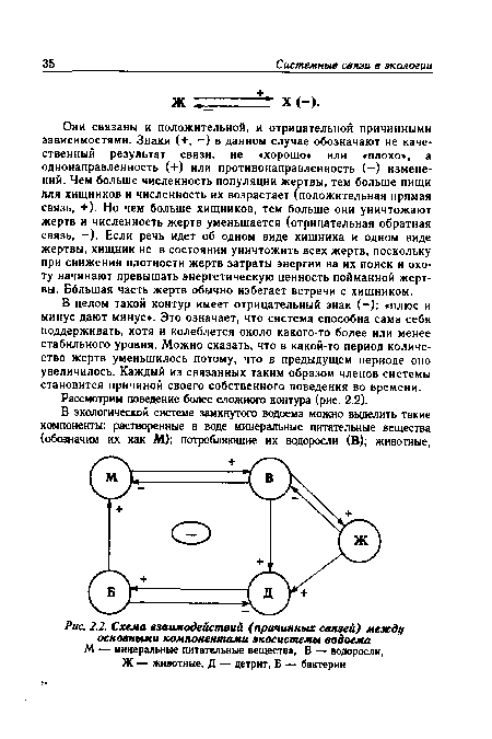 Схема взаимодействий (причинных связей) между основными компонентами экосистемы водоема