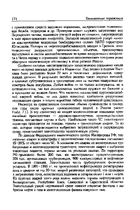 Особенно сильные «милитаригенные» экологические поражения имели место во время военных действий в Индокитае. Над лесами и полями Вьетнама было распылено более 22 млн л токсичных дефолиантов, содержащих диоксин. В результате погибли десятки тысяч мирных жителей, а влажные субтропические и тропические леса на тысячах квадратных километров были погублены. Любая война — не только антигуманна, но и антиэкологична, так как экологически чистого оружия не бывает и в принципе не может быть. Что касается последствий крупномасштабной ядерной войны, то они давно известны: глобальное разрушение окружающей среды и вполне вероятная гибель человеческой цивилизации.