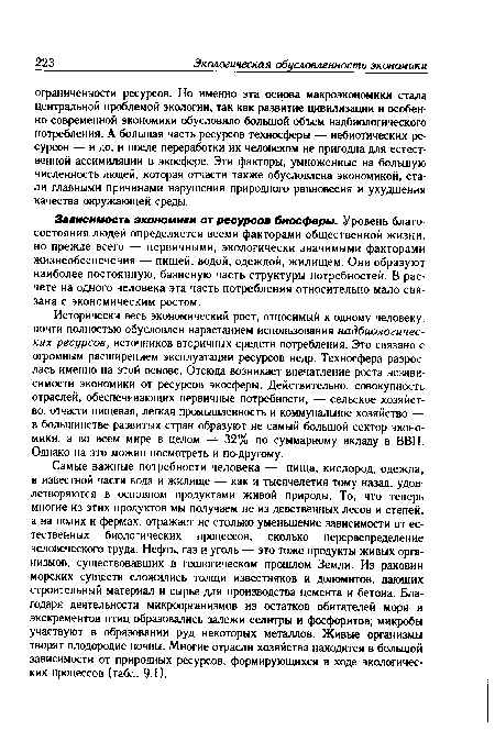 Исторически весь экономический рост, относимый к одному человеку, почти полностью обусловлен нарастанием использования надбиологичес-ких ресурсов, источников вторичных средств потребления. Это связано с огромным расширением эксплуатации ресурсов недр. Техносфера разрослась именно на этой основе. Отсюда возникает впечатление роста независимости экономики от ресурсов экосферы. Действительно, совокупность отраслей, обеспечивающих первичные потребности, — сельское хозяйство, отчасти пищевая, легкая промышленность и коммунальное хозяйство — в большинстве развитых стран образуют не самый большой сектор экономики, а во всем мире в целом — 32% по суммарному вкладу в ВВП. Однако на это можно посмотреть и по-другому.