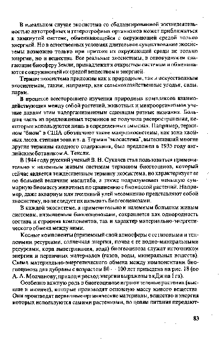 В 1944 году русский ученый В. Н. Сукачев стал пользоваться применительно к наземным живым системам термином биогеоценоз, который сейчас является тождественным термину экосистема, но характеризует ее по большей величине масштаба, а также подразумевает меньшую суммарную биомассу животных по сравнению с биомассой растений. Например, даже аквариум или пчелиный улей несомненно представляют собой экосистему, но не следует их называть биогеоценозами.