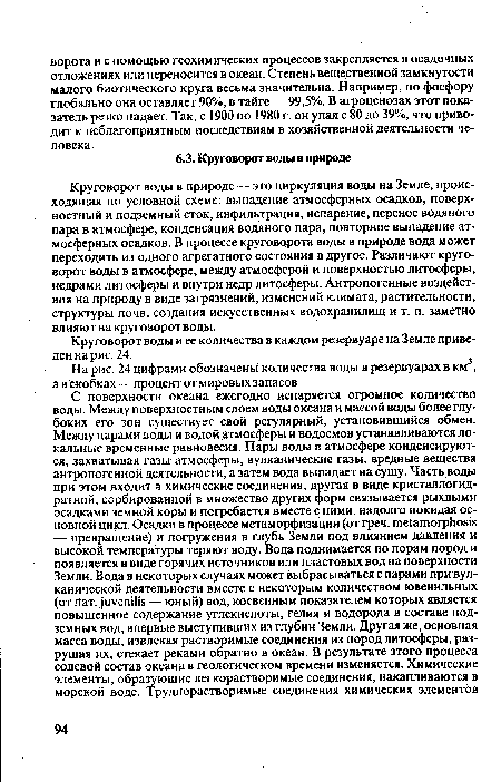 Круговорот воды в природе — это циркуляция воды на Земле, происходящая по условной схеме: выпадение атмосферных осадков, поверхностный и подземный сток, инфильтрация, испарение, перенос водяного пара в атмосфере, конденсация водяного пара, повторное выпадение атмосферных осадков. В процессе круговорота воды в природе вода может переходить из одного агрегатного состояния в другое. Различают круговорот воды в атмосфере, между атмосферой и поверхностью литосферы, недрами литосферы и внутри недр литосферы. Антропогенные воздействия на природу в виде загрязнений, изменений климата, растительности, структуры почв, создания искусственных водохранилищ и т. п. заметно влияют на круговорот воды.