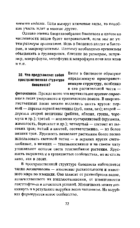 В пространственной структуре биоценоза наблюдается также мозаичность — изменение растительности и животного мира по площади. Она зависит от разнообразия видов, количественного их взаимоотношения, от изменчивости ландшафтных и почвенных условий. Мозаичность может возникнуть и в результате вырубки лесов человеком. На вырубках формируется новое сообщество.