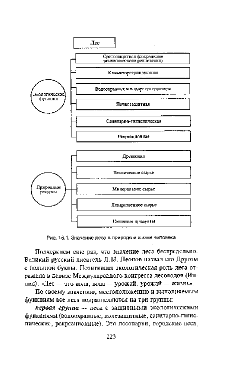 Подчеркнем еще раз, что значение леса беспредельно. Великий русский писатель Л.М. Леонов назвал его Другом с большой буквы. Позитивная экологическая роль леса отражена в девизе Международного конгресса лесоводов (Индия): «Лес — это вода, вода — урожай, урожай — жизнь».