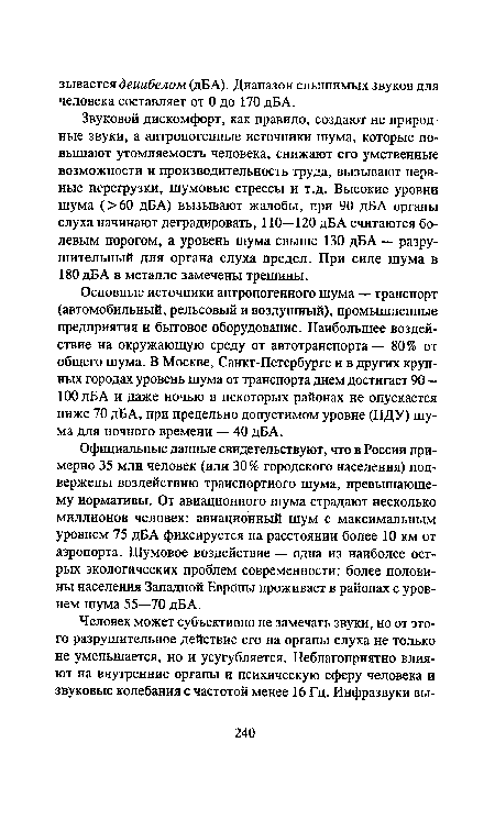 Основные источники антропогенного шума — транспорт (автомобильный, рельсовый и воздушный), промышленные предприятия и бытовое оборудование. Наибольшее воздействие на окружающую среду от автотранспорта— 80% от общего шума. В Москве, Санкт-Петербурге и в других крупных городах уровень шума от транспорта днем достигает 90— 100 дБ А и даже ночью в некоторых районах не опускается ниже 70 дБА, при предельно допустимом уровне (ПДУ) шума для ночного времени — 40 дБА.