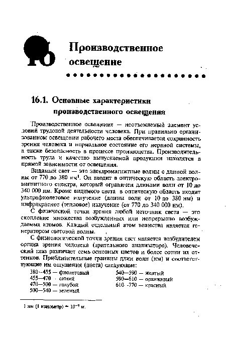 Производственное освещение — неотъемлемый элемент условий трудовой деятельности человека. При правильно организованном освещении рабочего места обеспечивается сохранность зрения человека и нормальное состояние его нервной системы, а также безопасность в процессе производства. Производительность труда и качество выпускаемой продукции находятся в прямой зависимости от освещения.