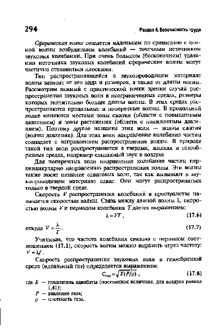 Тип распространяющейся в звукопроводящем материале волны зависит от его вида и размеров, а также от длины волны. Рассмотрим важный с практической точки зрения случай распространения звуковых волн в неограниченных средах, размеры которых значительно больше длины волны. В этих средах распространяются продольные и поперечные волны. В продольной волне меняются местами зоны сжатия (области с повышенным давлением) и зоны растяжения (области с пониженным давлением). Поэтому другое название этих волн — волны сжатия (волны давления). Для этих волн направление колебания частиц совпадает с направлением распространения волны. В природе такой тип волн распространяется в твердых, жидких и газообразных средах, например слышимый звук в воздухе.