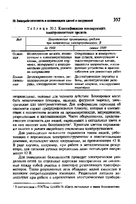 Для уменьшения опасности поражения током людей, работающих с переносным электроинструментом и осветительными лампами, используют малое напряжение, не превышающее 42 В. В ряде случаев, например, при работе в металлическом резервуаре, для питания ручных переносных ламп используют напряжение 12 В.