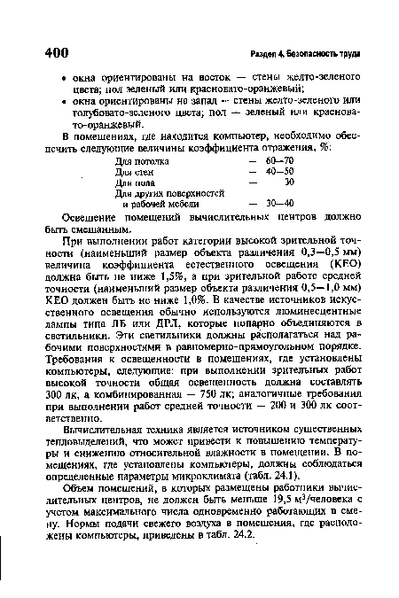 При выполнении работ категории высокой зрительной точности (наименьший размер объекта различения 0,3—0,5 мм) величина коэффициента естественного освещения (КЕО) должна быть не ниже 1,5%, а при зрительной работе средней точности (наименьший размер объекта различения 0,5 —1,0 мм) КЕО должен быть не ниже 1,0%. В качестве источников искусственного освещения обычно используются люминесцентные лампы типа ЛБ или ДРЛ, которые попарно объединяются в светильники. Эти светильники должны располагаться над рабочими поверхностями в равномерно-прямоугольном порядке. Требования к освещенности в помещениях, где установлены компьютеры, следующие: при выполнении зрительных работ высокой точности общая освещенность должна составлять 300 лк, а комбинированная — 750 л к; аналогичные требования при выполнении работ средней точности — 200 и 300 лк соответственно.