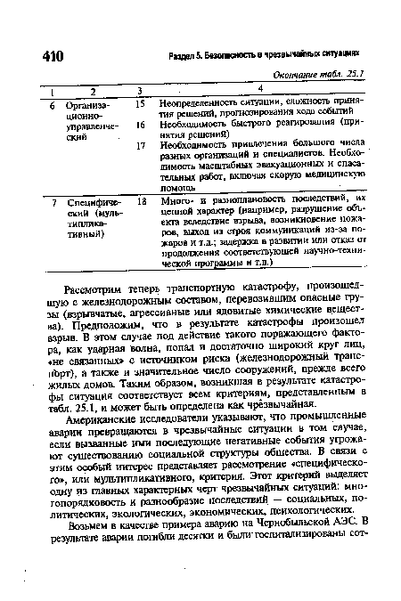 Рассмотрим теперь транспортную катастрофу, произошедшую с железнодорожным составом, перевозившим опасные грузы (взрывчатые, агрессивные или ядовитые химические вещества). Предположим, что в результате катастрофы произошел взрыв. В этом случае под действие такого поражающего фактора, как ударная волна, попал и достаточно широкий круг лиц, «не связанных» с источником риска (железнодорожный транс-пЬрт), а также и значительное число сооружений, прежде всего жилых домов. Таким образом, возникшая в результате катастрофы ситуация соответствует всем критериям, представленным в табл. 25.1, и может быть определена как чрезвычайная.