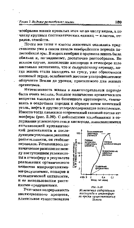 Почти все типы и классы животных оказались представлены уже в самом начале кембрийского периода палеозойской эры. В морях кембрия и ордовика жизнь была обильна и, по-видимому, достаточно разнообразна. Во всяком случае, накопление кислорода в атмосфере шло настолько интенсивно, что к силурийскому периоду, когда жизнь стала выходить на сушу, уже образовался озоновый экран, ослабивший жесткое ультрафиолетовое облучение Земли до уровня, приемлемого для живых организмов.